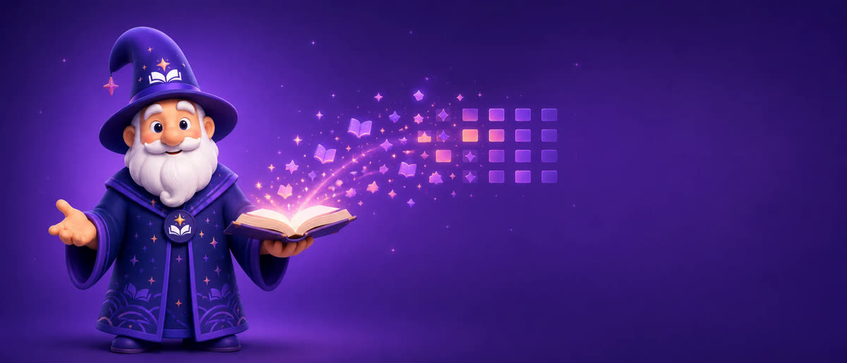 book-to-skill: волшебник Booklin с книгой, из которой страницы рассыпаются в упорядоченную сетку файлов