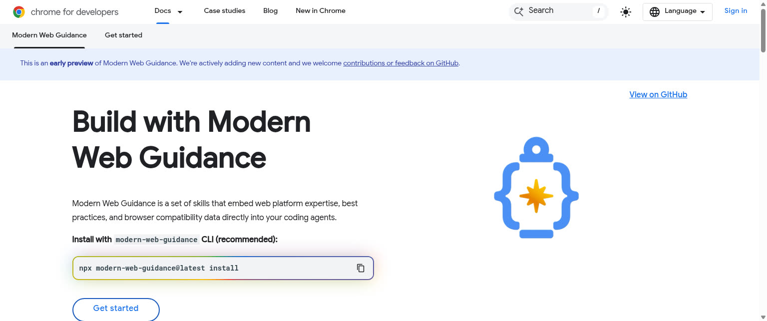 Страница Modern Web Guidance на developer.chrome.com: заголовок Build with Modern Web Guidance и команда npx modern-web-guidance@latest install