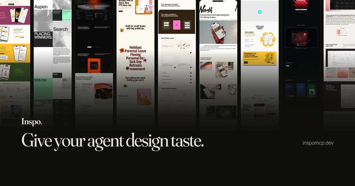 Обложка Inspo: коллаж из экранов реальных сайтов архива и подпись Give your agent design taste