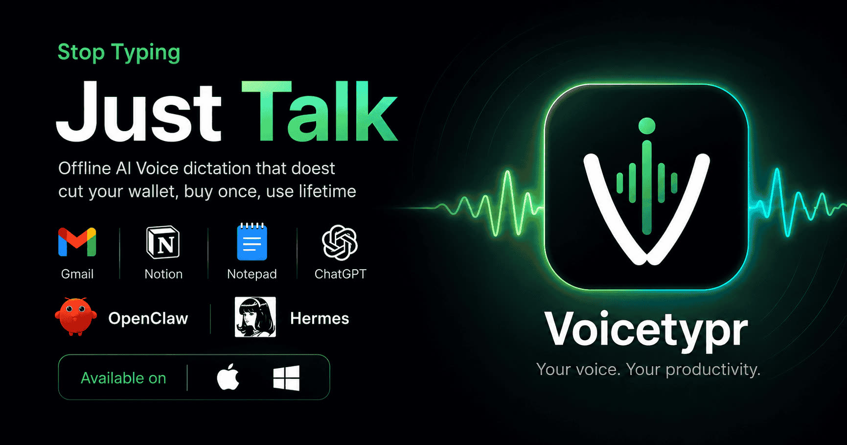Баннер Voicetypr: Stop Typing — Just Talk, офлайн-диктовка с вставкой текста в любое приложение, доступна на macOS и Windows